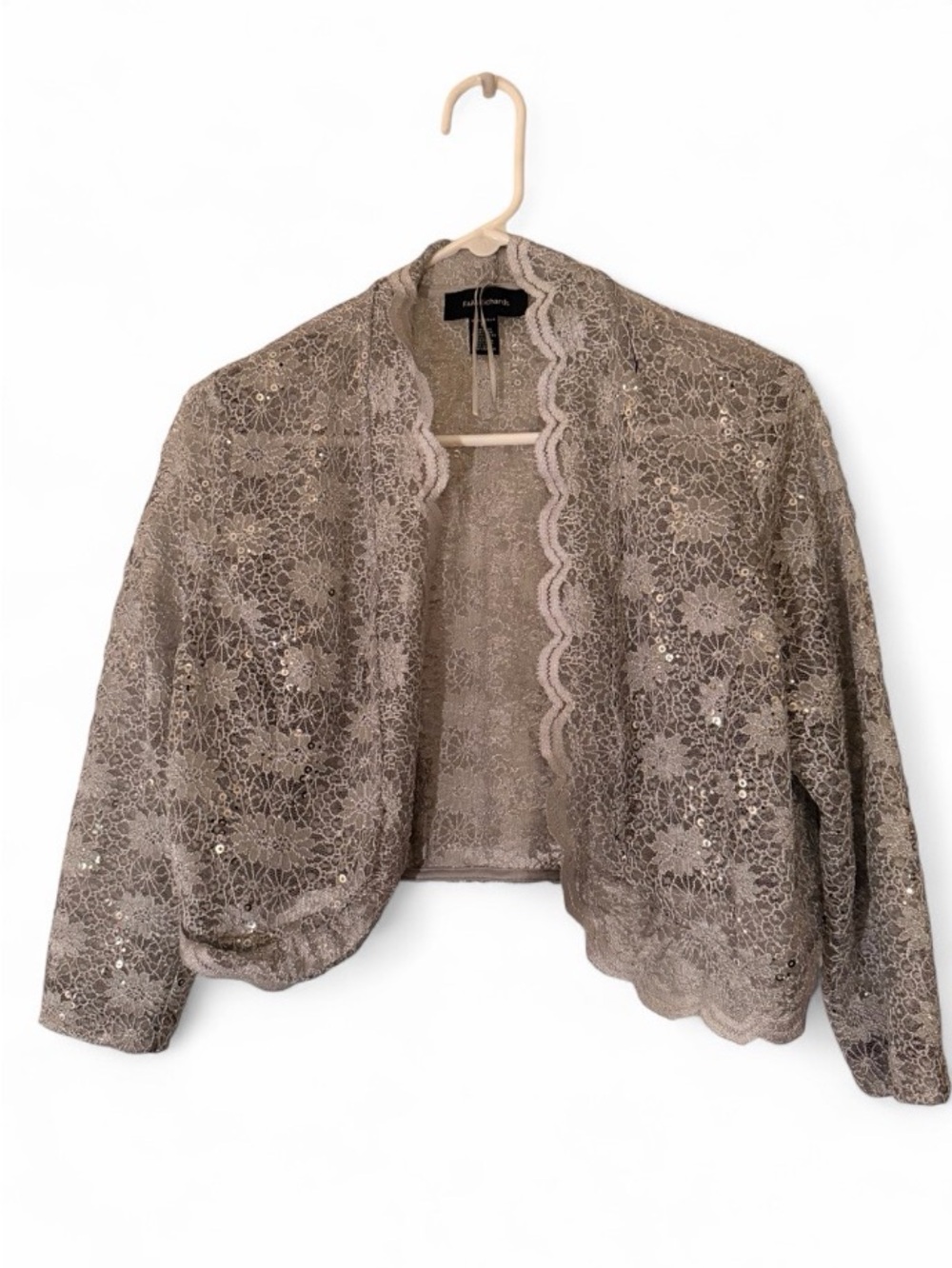 R&M Richards Taupe Lace Open-Front Sequin Cardigan